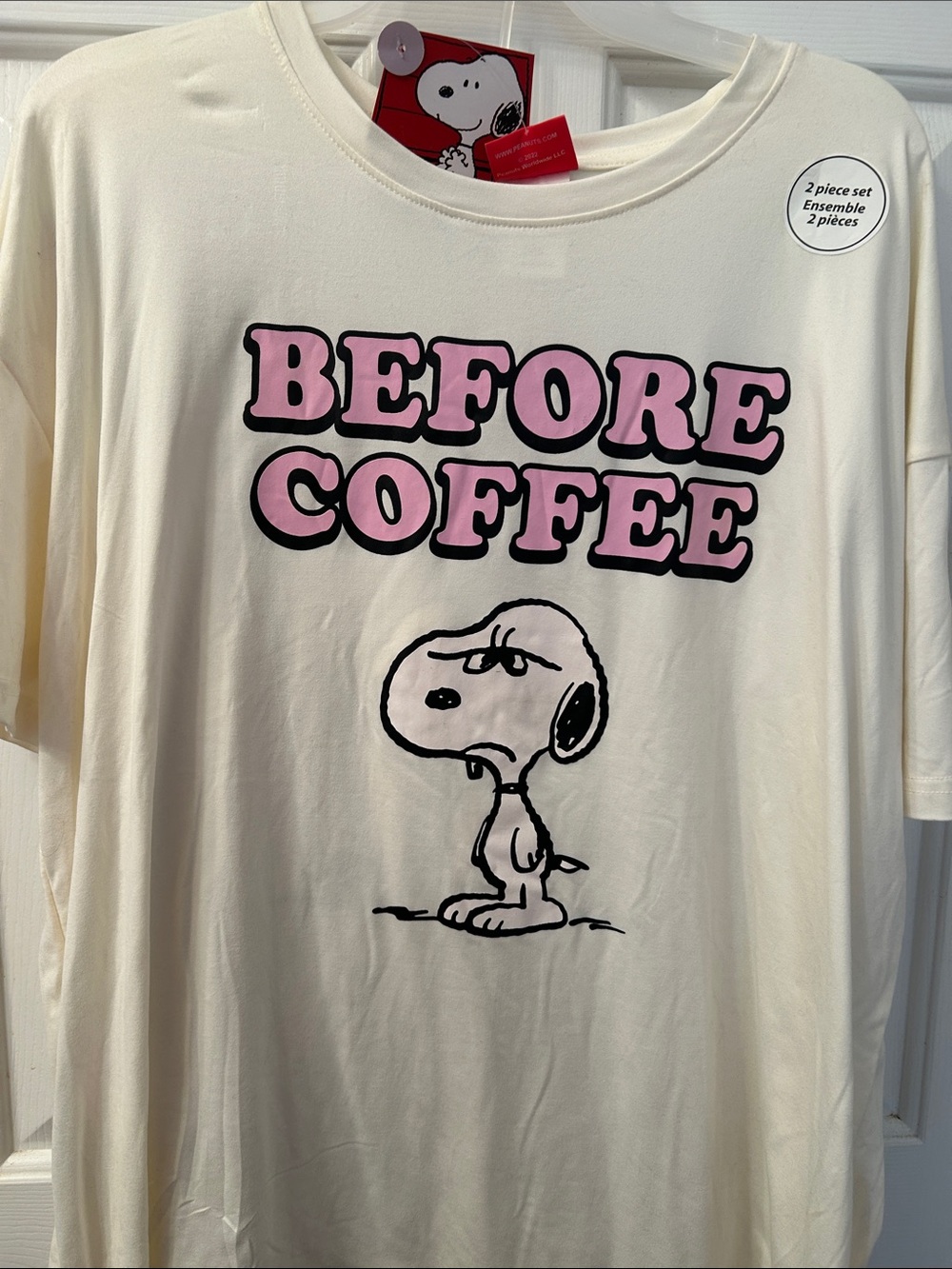 Snoopy "Before Coffee After Coffee" Cream Graphic 2 piece pajamas